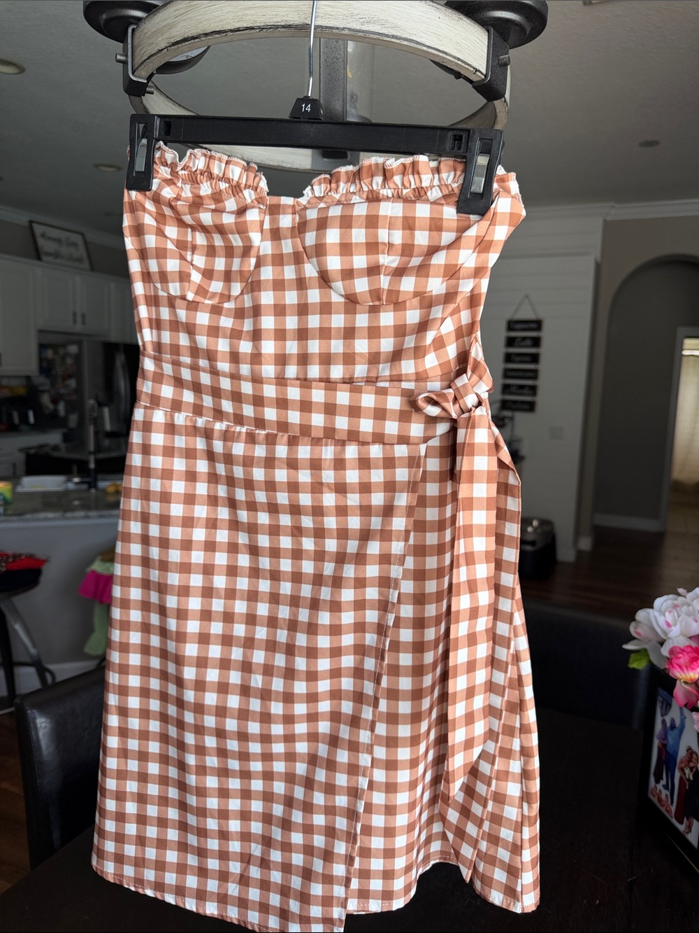 Girls Strapless Gingham Sundress in brown and White.